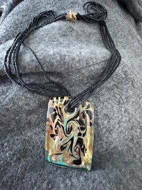 Murano Black, Gold & Teal Swirl Glass Pendant Necklace